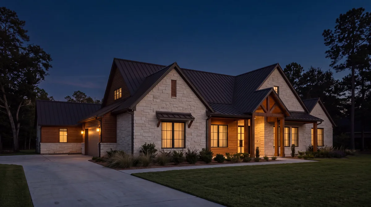 A twin-gable limestone house at night with no Christmas lights.