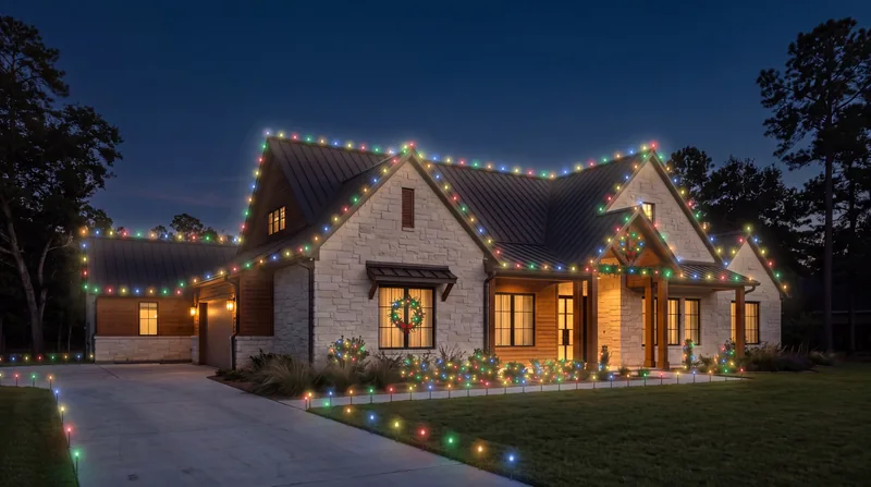 A homeowner’s design: a twin-gable limestone house with multicolor bulbs along every gable and gutter.
