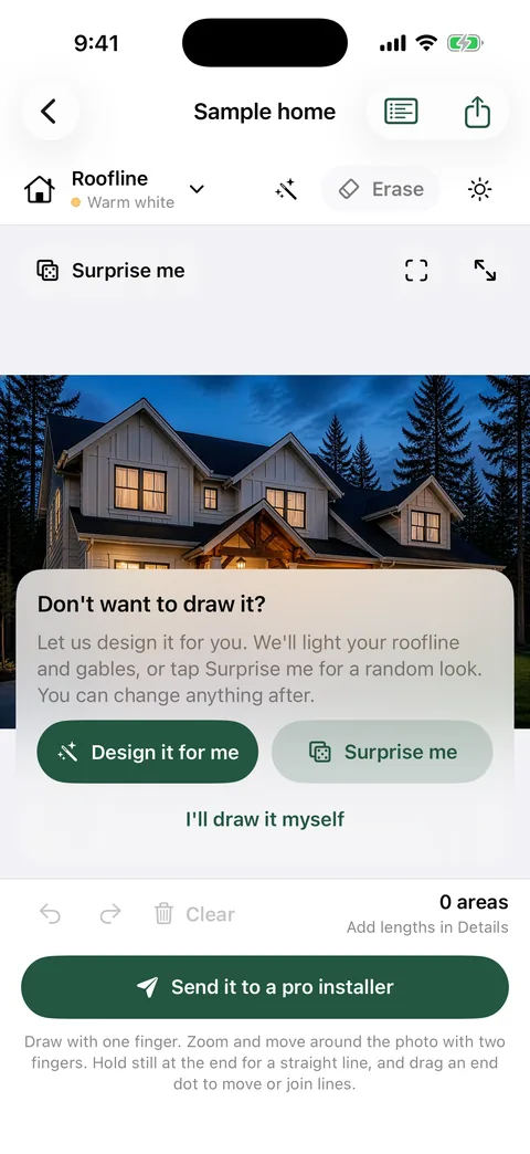 The editor asking Don’t want to draw it?, with Design it for me and Surprise me buttons.