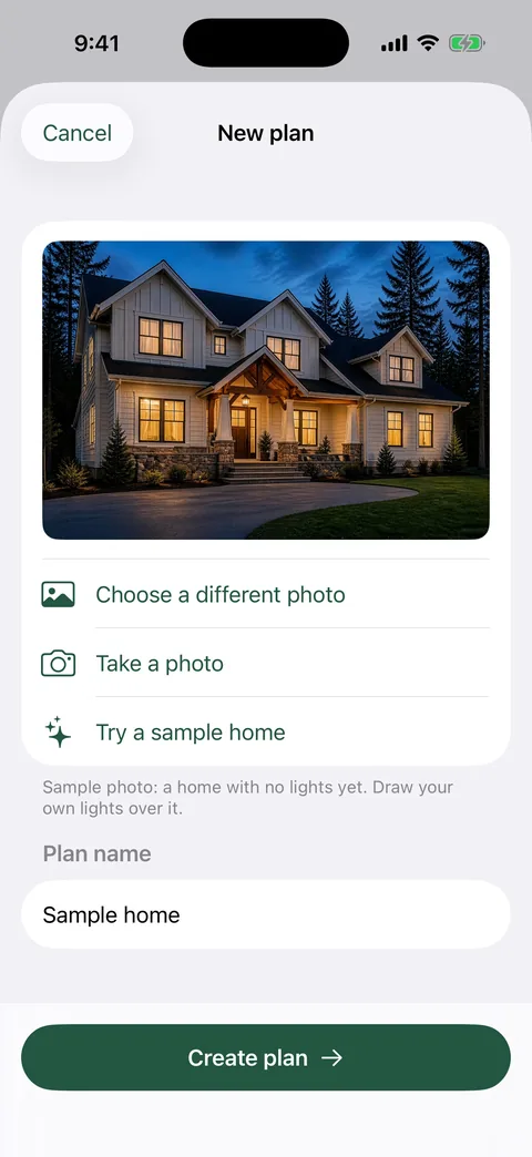 The New plan screen in GlowField with the sample home photo, Try a sample home, and a Create plan button.