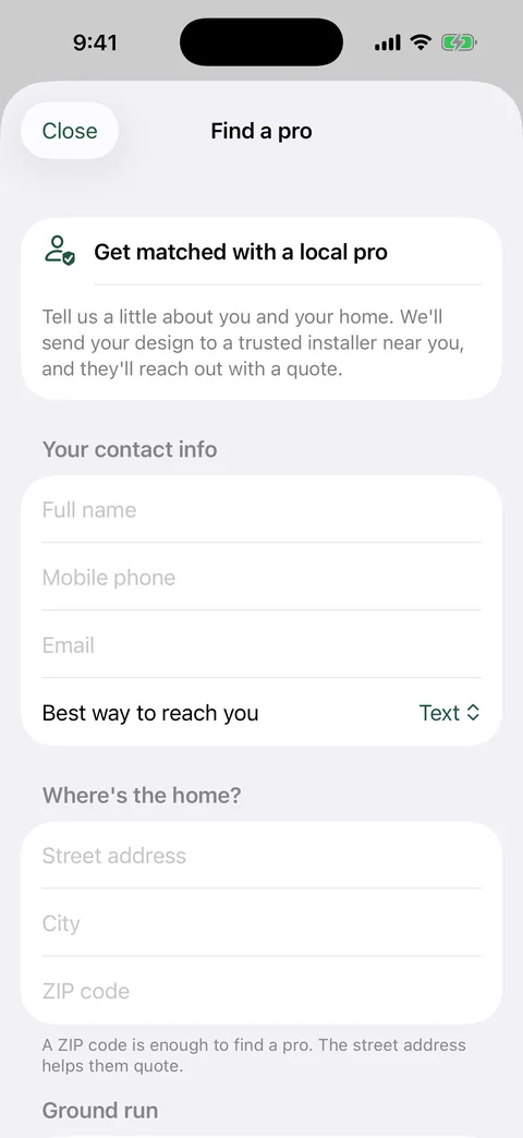 The Find a pro form in GlowField: Get matched with a local pro, with contact and home address fields.
